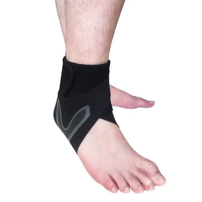 Black adjustable ankle brace with wrap straps worn on foot