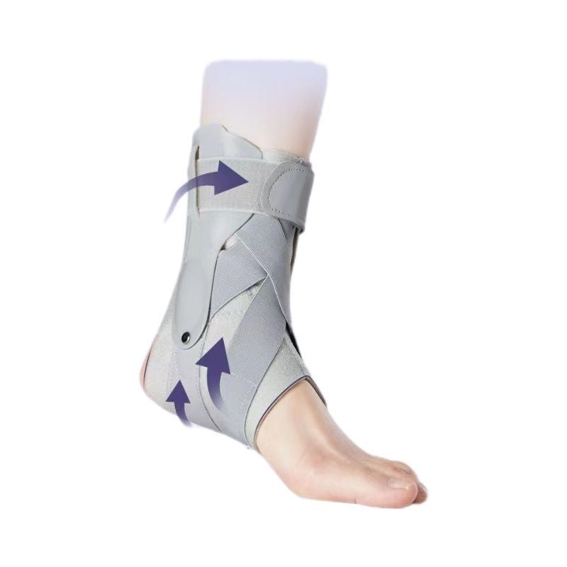 Light gray adjustable ankle brace with side stabilizer and wrap straps on foot