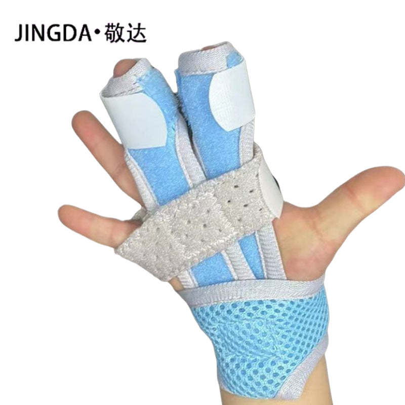 Single-finger kids support brace in blue showing wrap placement on the hand