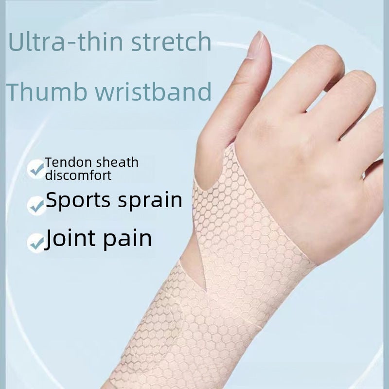 Close-up of skin tone thumb wrist brace worn on hand for everyday support