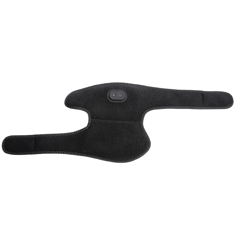 Black heated shoulder support brace with adjustable wraparound straps on white background