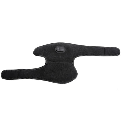 Black heated shoulder support brace with adjustable wraparound straps on white background