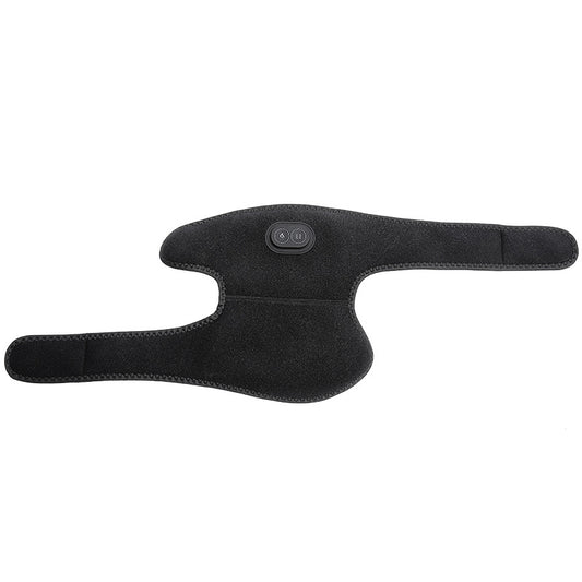 Black heated shoulder support brace with adjustable wraparound straps on white background