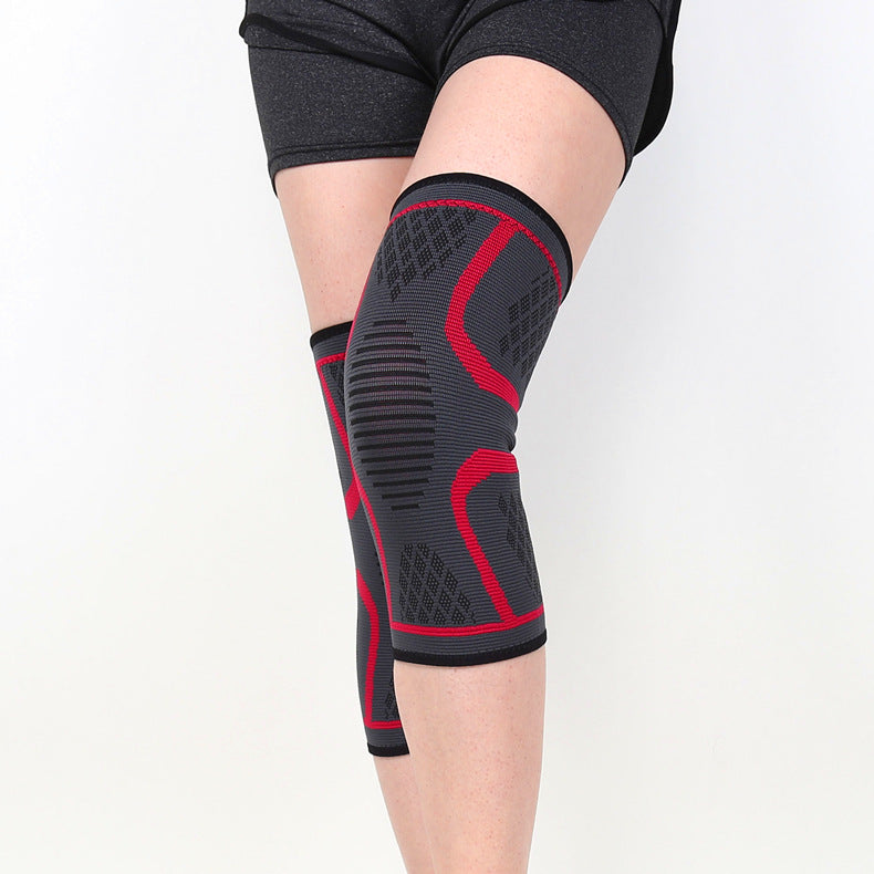 Black anti-slip knee support sleeve worn on legs showing fit