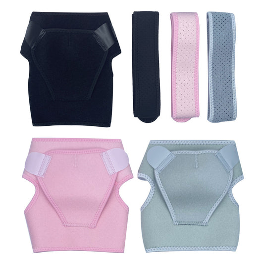 Adjustable neoprene shoulder brace support in black, gray, pink, and blue on white background