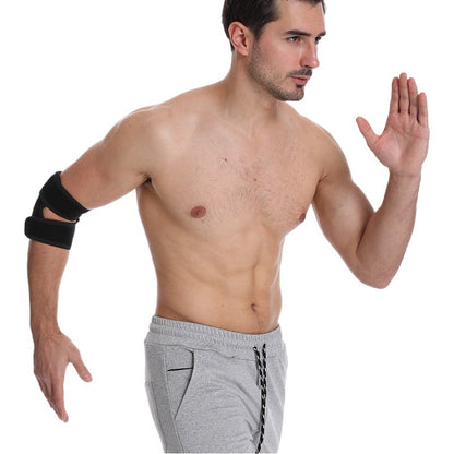 Adjustable spring elbow support brace worn on arm in black and red
