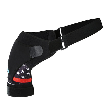Black adjustable shoulder support brace with breathable perforated strap and wrap-around design