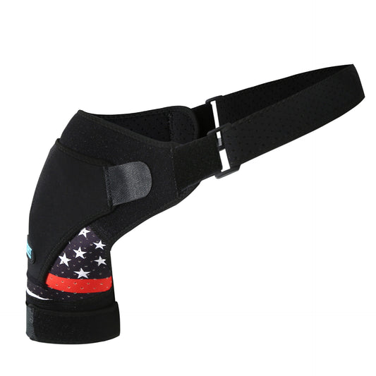 Black adjustable shoulder support brace with breathable perforated strap and wrap-around design