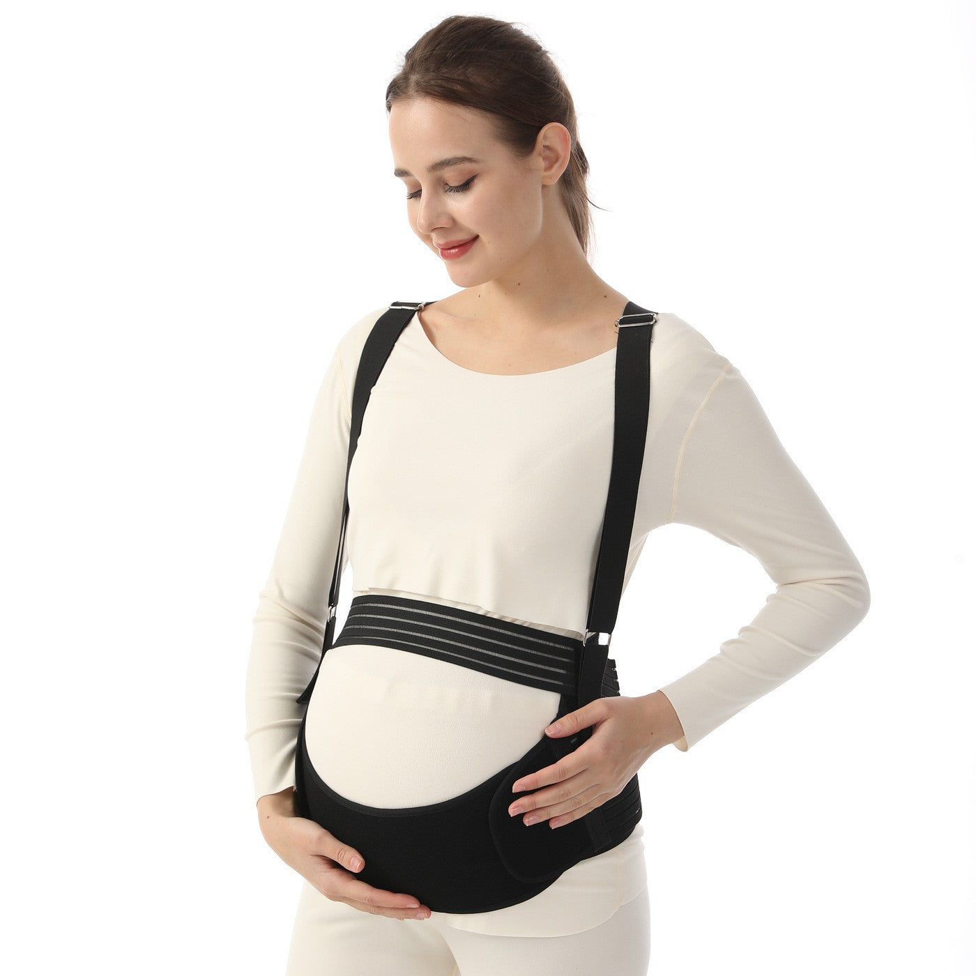 Skin-tone maternity support belt with front belly panel and side support structure