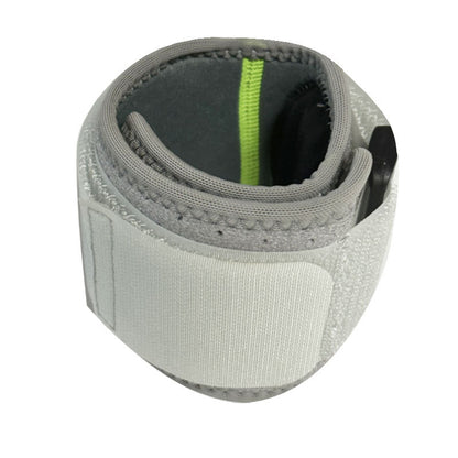 Light gray adjustable elbow support brace with wraparound strap on white background