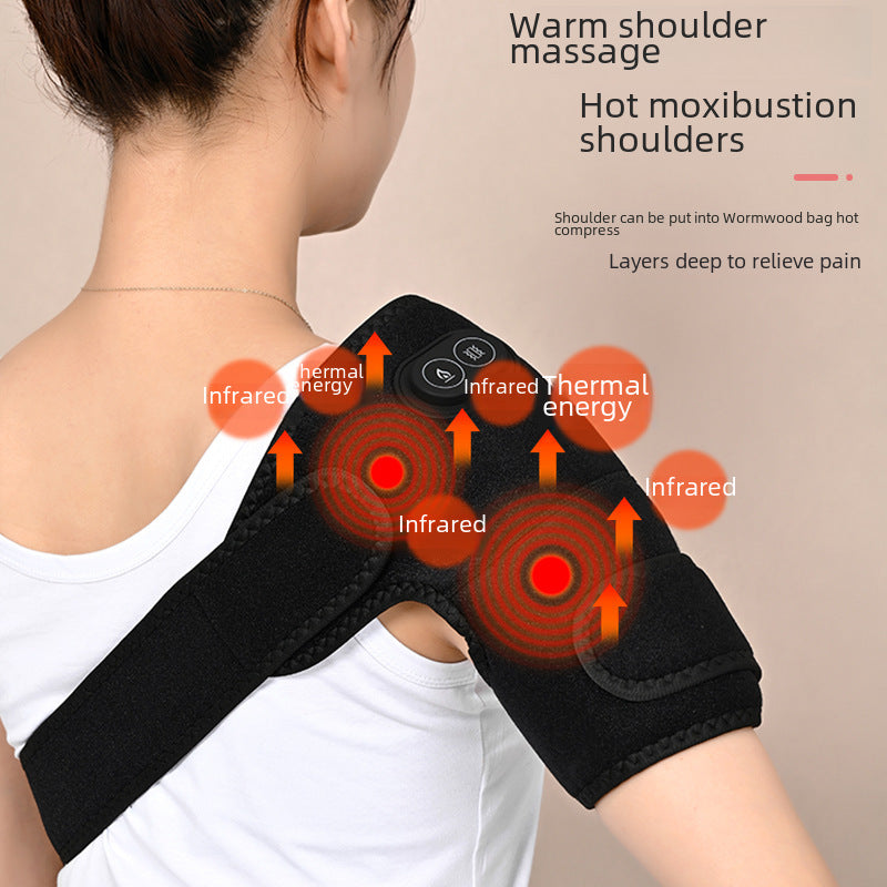 Adult wearing a black heated shoulder support brace with wraparound fit