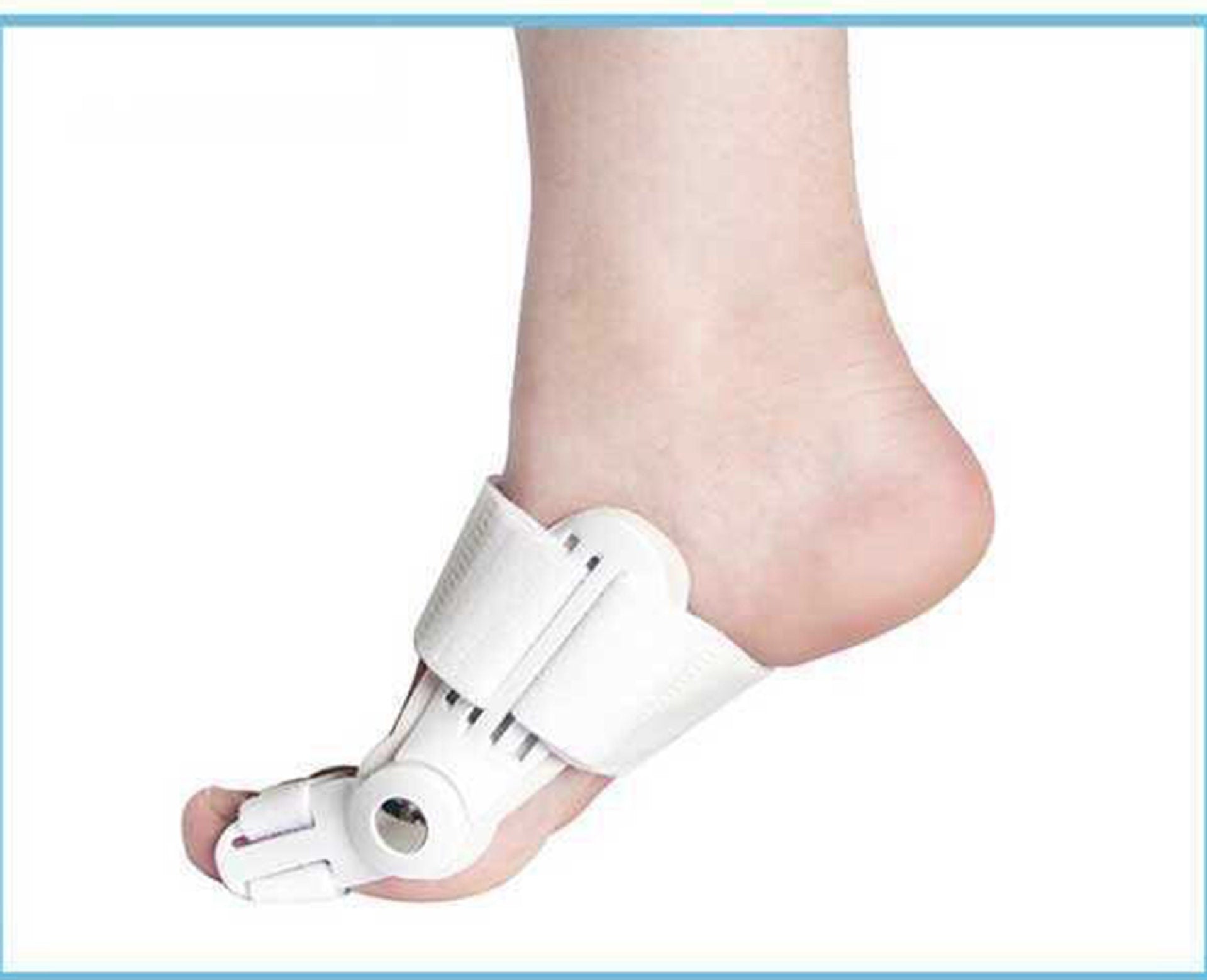 Adjustable toe alignment support brace in blue and white on white background