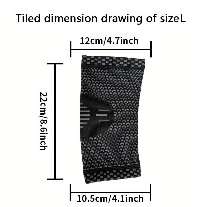 Blue elbow support sleeve close-up with size measurement illustration