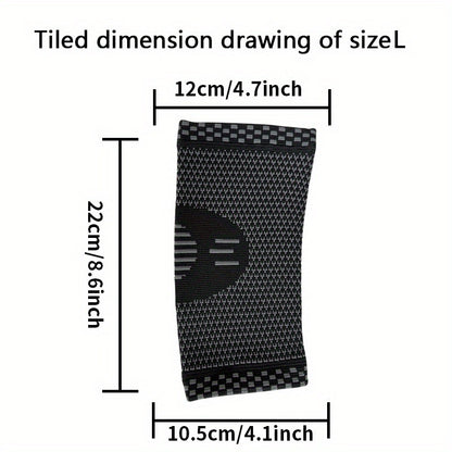 Blue elbow support sleeve close-up with size measurement illustration