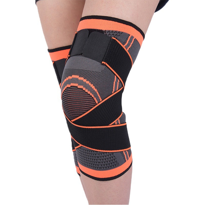 Black adjustable knee support brace with breathable knit fabric and wrap compression strap
