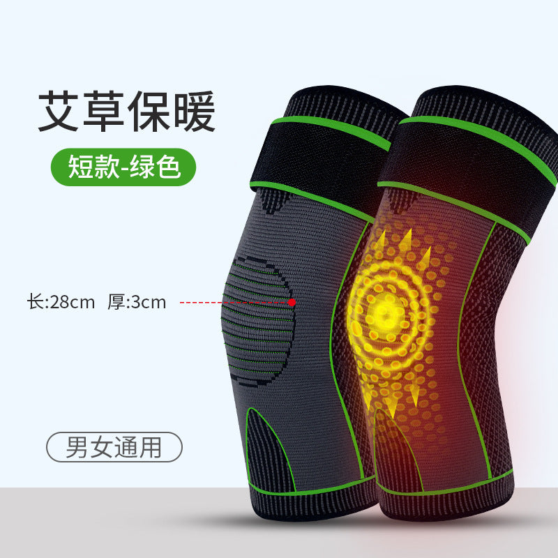Person wearing an orange knee support sleeve with adjustable strap