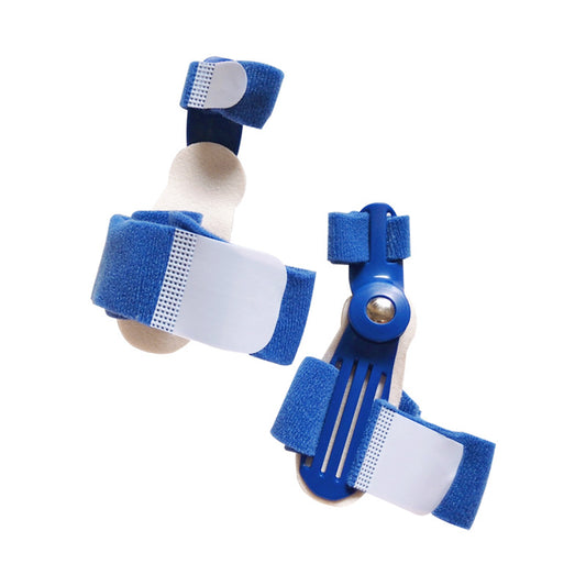Blue and white adjustable bunion corrector toe support brace with rigid frame and hook-and-loop straps
