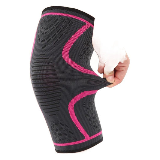 Black knitted knee support sleeve with pink trim and double-rib compression design
