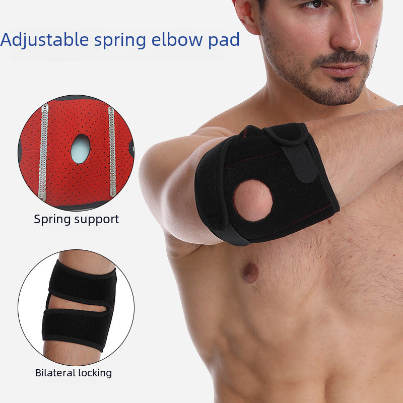 Elbow support brace detail graphic showing spring support and adjustable wrap