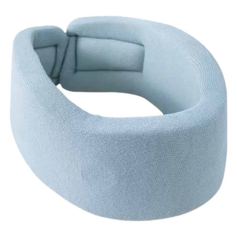 Adult wearing a light blue neck support brace for everyday comfort