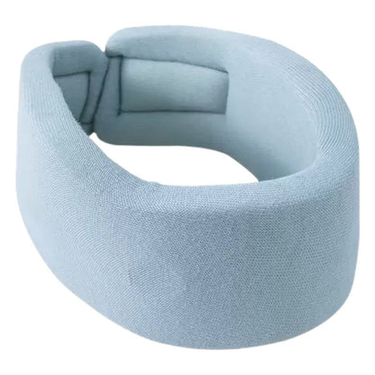 Adult wearing a light blue neck support brace for everyday comfort