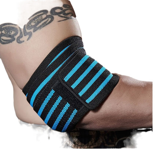 Black and blue elastic elbow support brace worn on arm