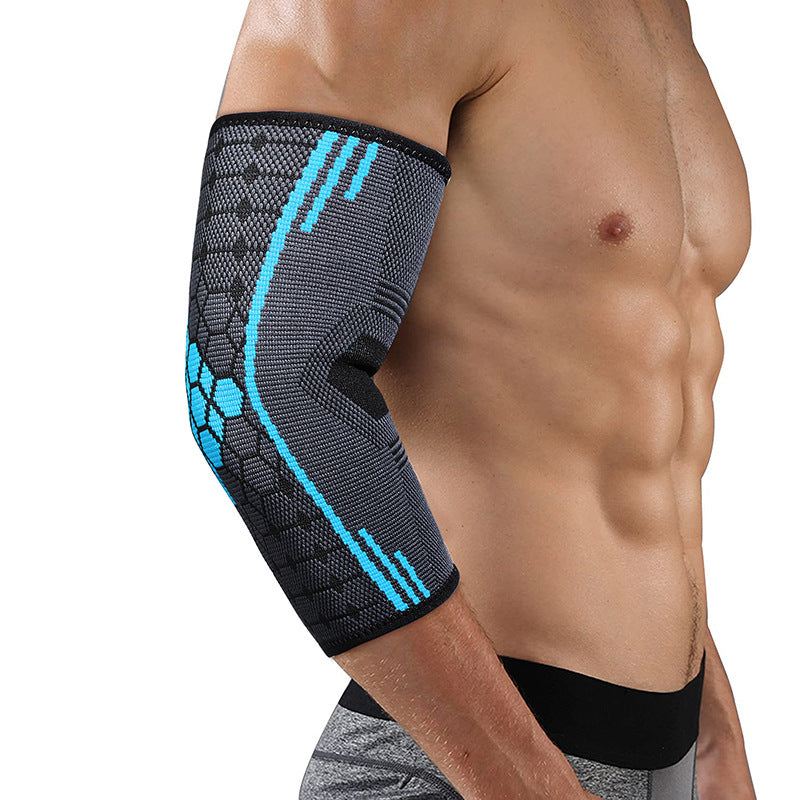 Blue elbow support sleeve worn on arm showing coverage and flexible fit