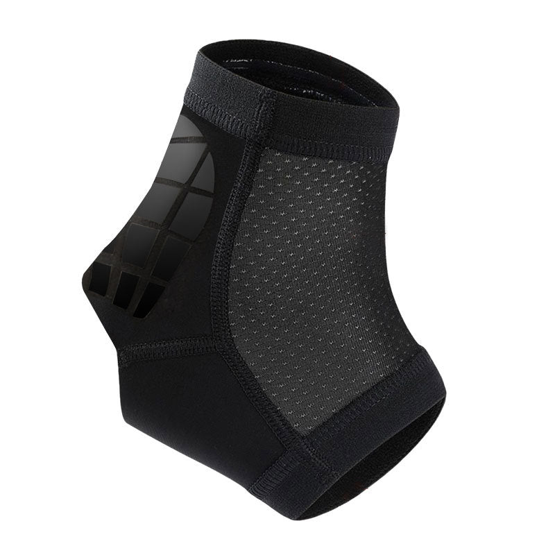 Black adjustable ankle support brace with breathable knit fabric on white background