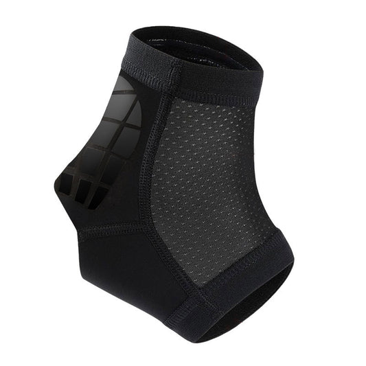 Black adjustable ankle support brace with breathable knit fabric on white background