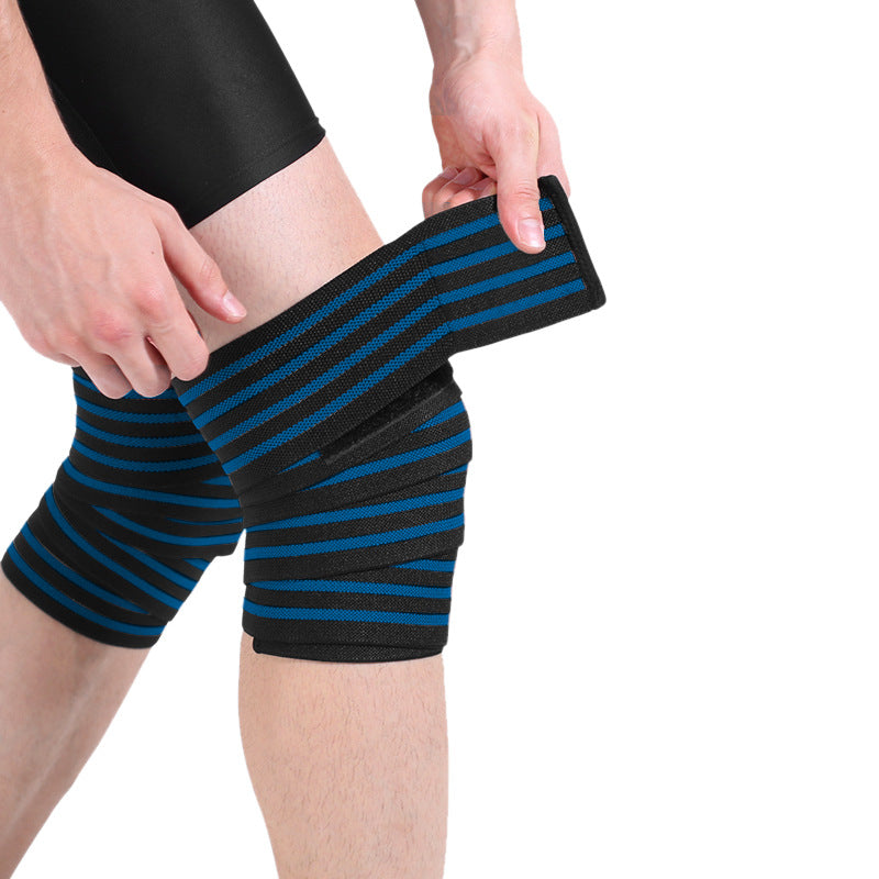 Yellow striped knee support wrap worn on the knee