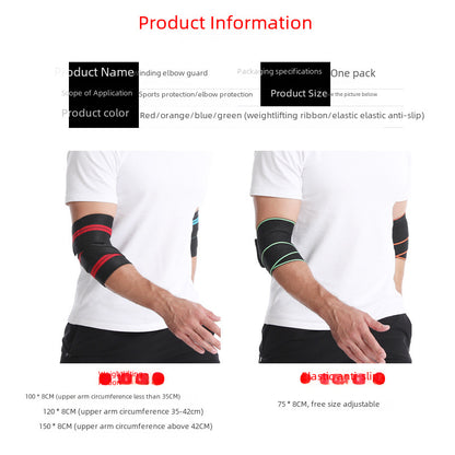 Compression elbow support wrap shown with multiple wear and feature views