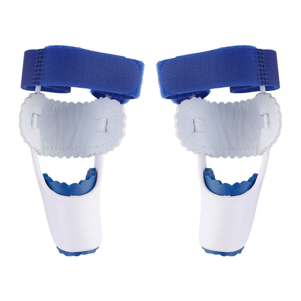 Blue big toe support brace worn on a foot to show fit and support placement