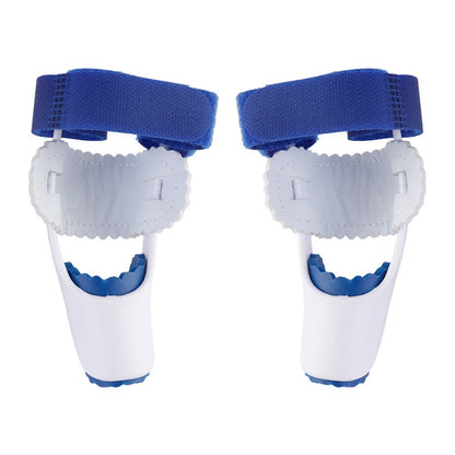 Blue big toe support brace worn on a foot to show fit and support placement