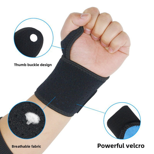Black breathable thumb wrist brace worn on hand with adjustable strap and thumb loop
