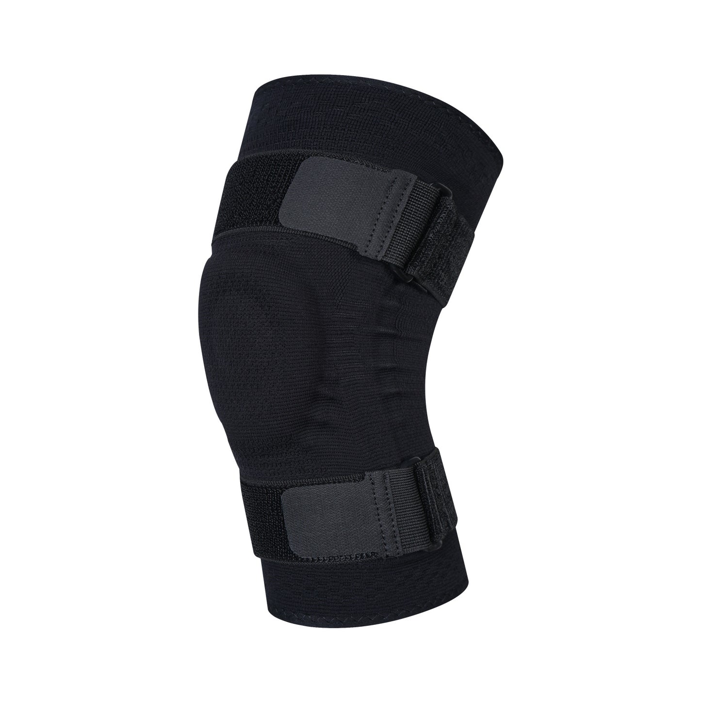 Knee support brace showing breathable knit fabric, silicone pad, side stabilizers, and adjustable straps