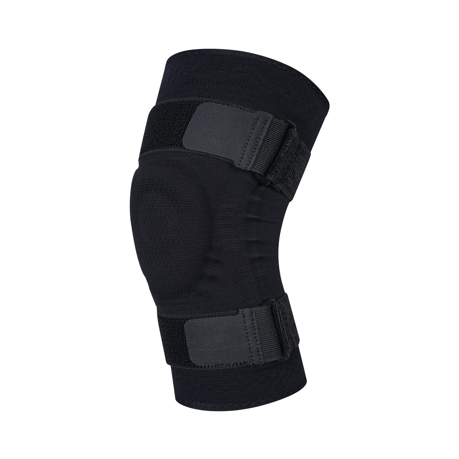 Knee support brace showing breathable knit fabric, silicone pad, side stabilizers, and adjustable straps