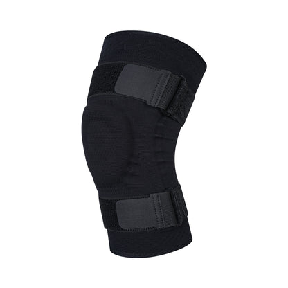 Knee support brace showing breathable knit fabric, silicone pad, side stabilizers, and adjustable straps