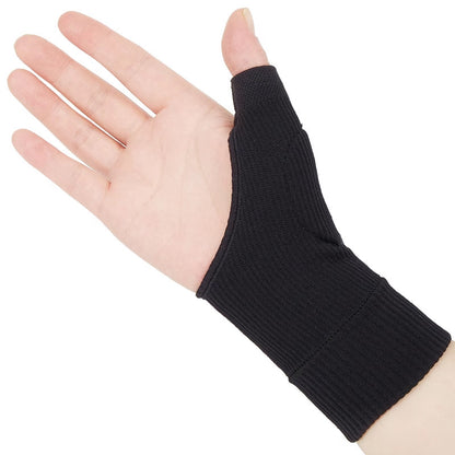Black breathable thumb support wrist brace worn on hand showing open thumb and wrist coverage