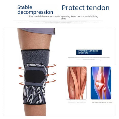 Padded knee support sleeve worn on leg with elastic pull-on fit and front cushioning