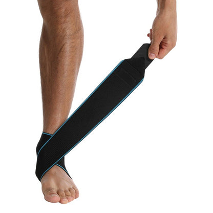 Wraparound ankle support brace secured around ankle and lower leg