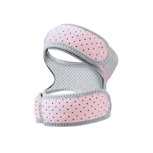 Pink adjustable patella knee brace with silicone pads and breathable perforated fabric on a white background