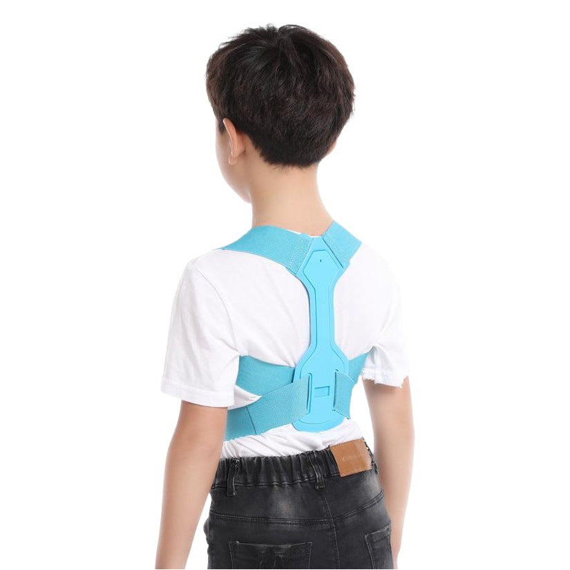 Blue adjustable posture support brace shown from the back on a child