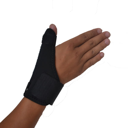 Black adjustable thumb wrist brace support sleeve worn on hand with thumb opening and wrap support