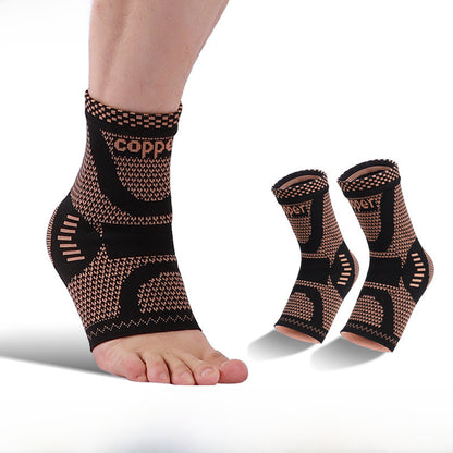 Copper fiber knit ankle support brace pair in black and copper on white background