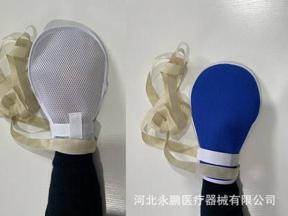 Blue padded hand support glove shown from an alternate arm angle