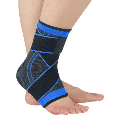 Adjustable sports ankle brace support sleeve in black and blue with open-heel compression design