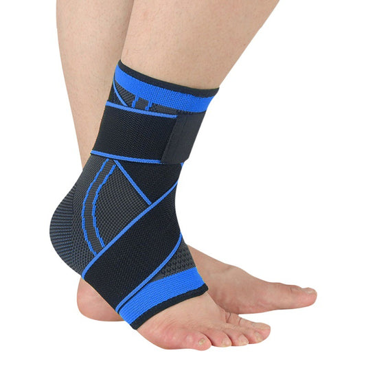 Adjustable sports ankle brace support sleeve in black and blue with open-heel compression design