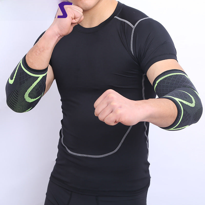 Green elbow support sleeves worn on both arms during exercise