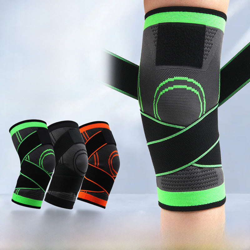 Adjustable knee support brace worn on knee with multiple color options shown