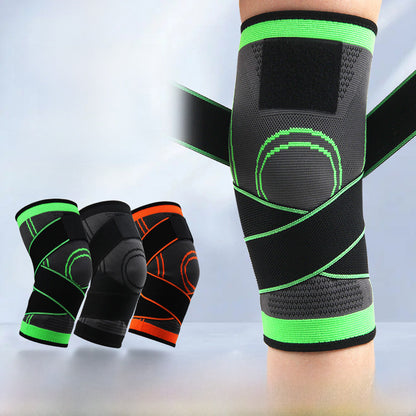 Adjustable knee support brace worn on knee with multiple color options shown